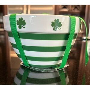 ⭐️NWT⭐️  Shamrock Accent Green & White Striped Ceramic Bowl